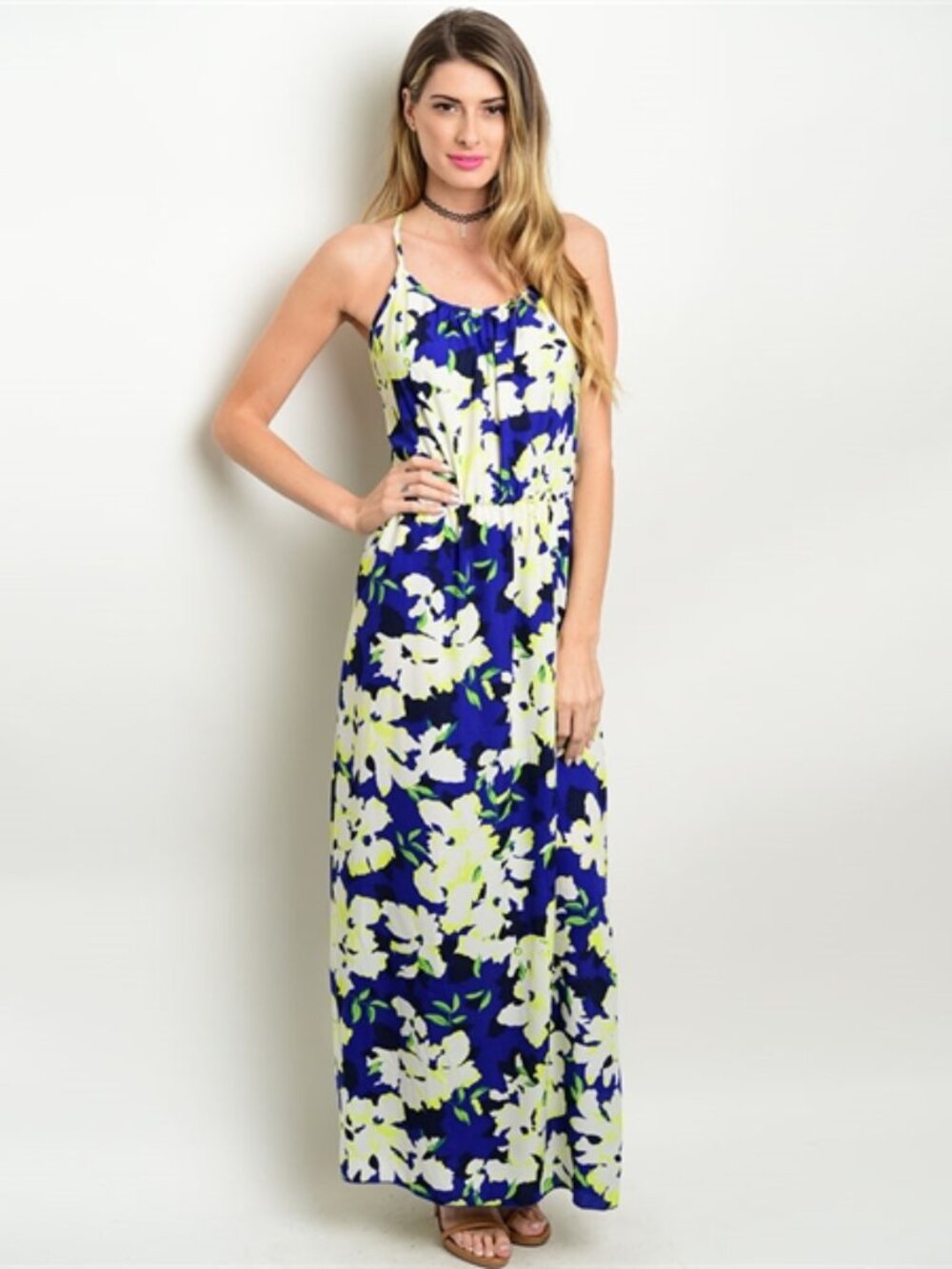 Floral Maxi Dress Women Sleeveless Racerback Casual Boat-Neck, Blue